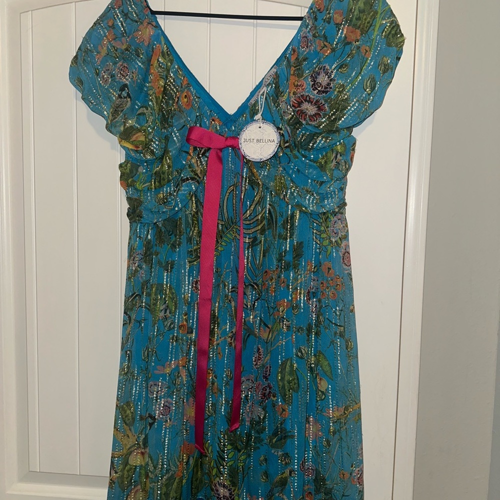Blue Floral Dress with Pink Ribbon